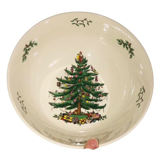 SPODE “Christmas Tree” 9.75" D x 4" H Large Round Serving Bowl Green Trim - Picture 3 of 5